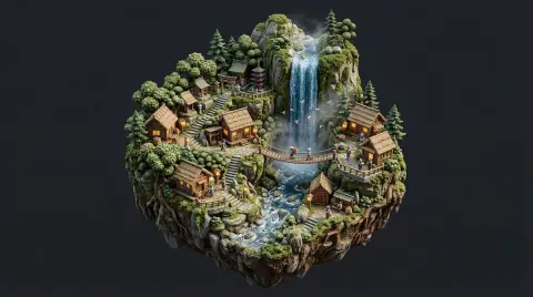 Suspended waterfall forest miniature diorama