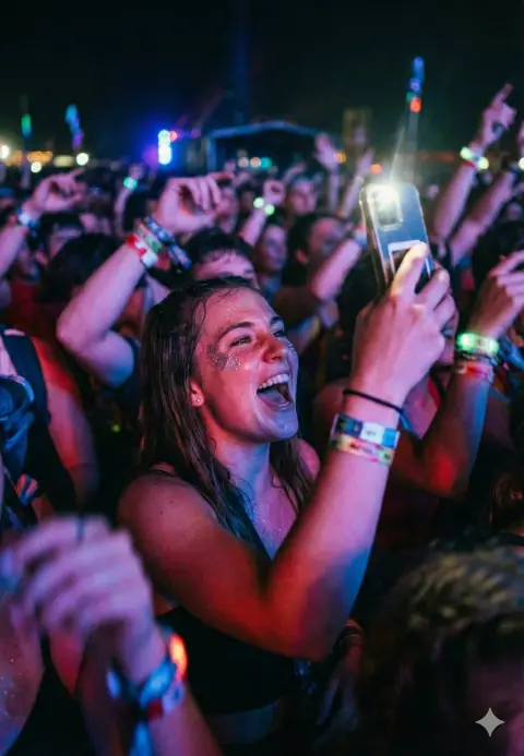 Sweating music festival girl in neon light and shadow