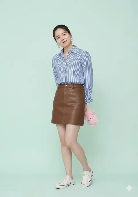 Sweet girl in blue striped shirt and brown leather skirt