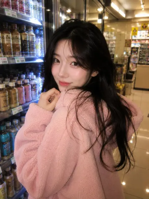 Sweet girl in pink sweatshirt in Korean convenience store late at night