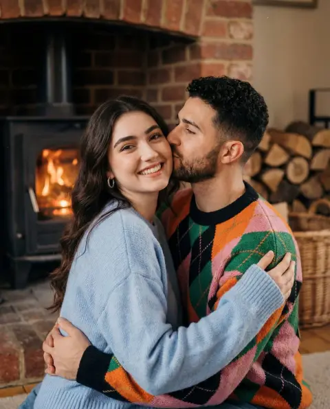 Sweet lovers kiss warmly under the firelight of the fireplace