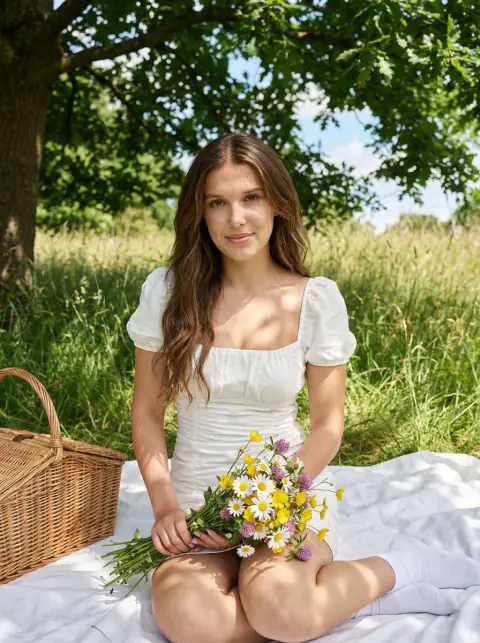 Sweet pastoral style photo with flowers and smile in mottled light and shadow