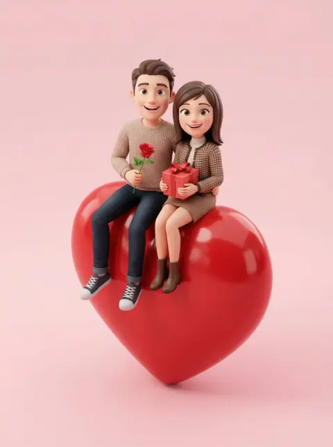 Sweet romantic couple on huge red hearts