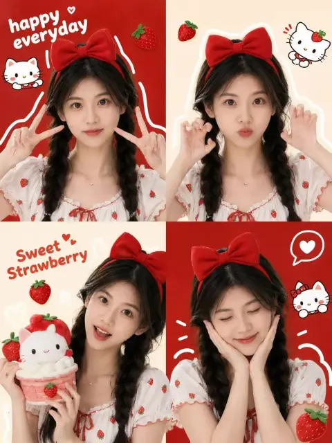 Sweet strawberry theme four-frame cute photo sticker poster