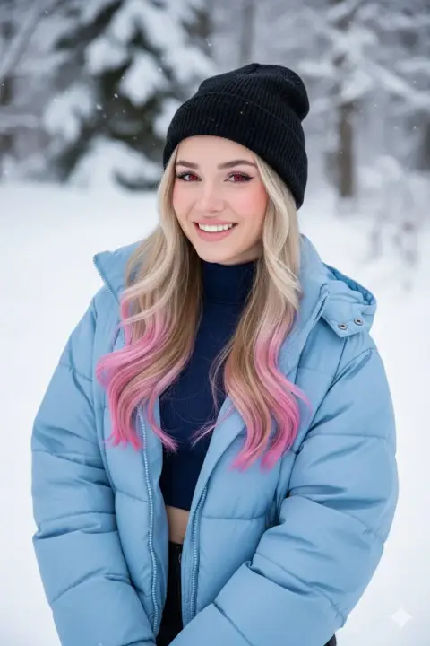 Sweet winter moment of a girl with pink blond hair and red eyes in the snowy scene
