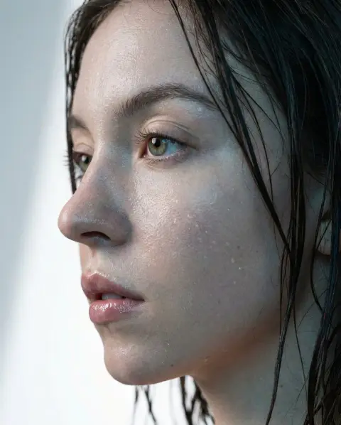 Sydney's perfect profile and macro skin texture with wet hair