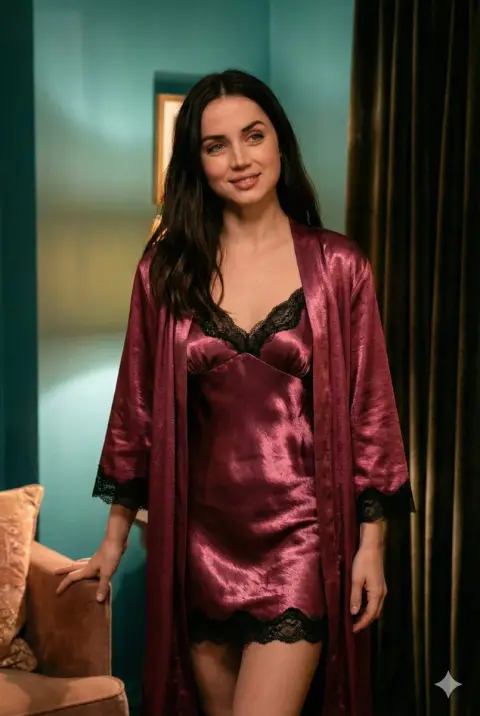 Sydney Sweeney in magenta silk robe for boudoir photo