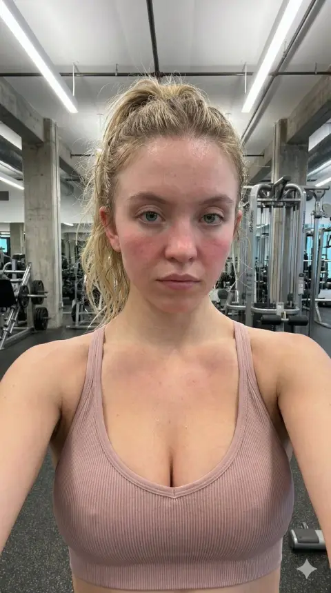 Sydney Sweeney sweaty gym selfie