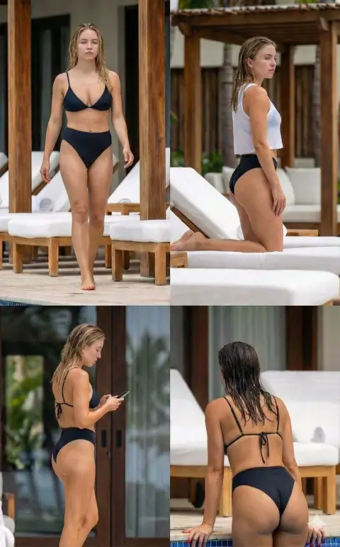 Sydney Sweeney swimming pool black and white swimsuit four-square photo