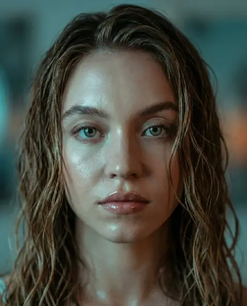 Sydney wet hair cool-toned cinematic close-up