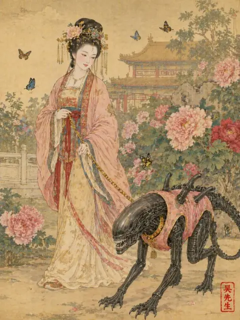 Tang Dynasty noble lady walking in pink waistcoat, special-shaped meticulous painting