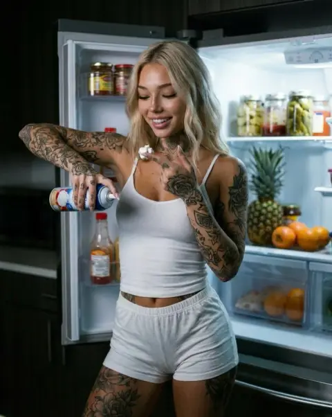 Tattooed blonde squirting cream in front of the refrigerator late at night