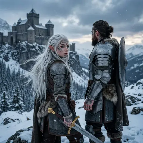 Tattooed elf female knight holding sword in snow