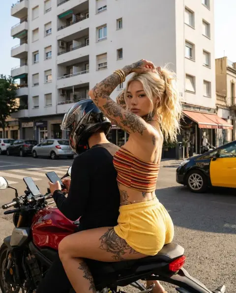 Tattooed motorcycle hottie under the golden sunset