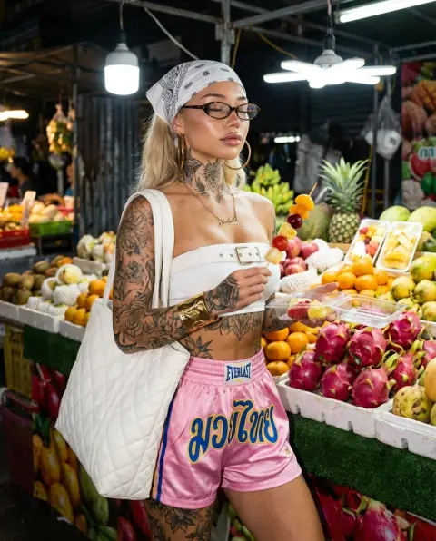Tattooed street girl in bustling tropical night market