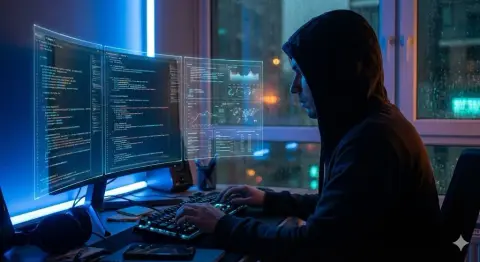 Technology noir film engineer in front of holographic screen late at night