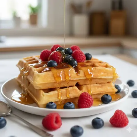 Tempting golden Belgian waffles with maple syrup