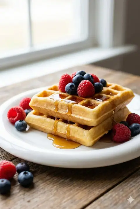 Tempting maple syrup topped Belgian waffles food photography