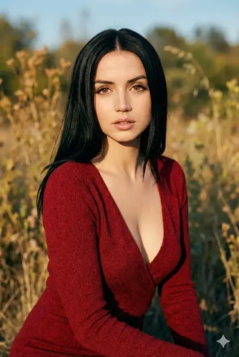 Tender burgundy knitted portrait under the golden light of sunset