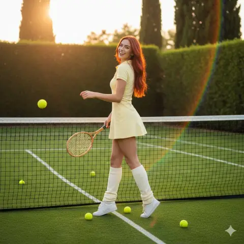 Tennis girl looking back and smiling under the golden sunset