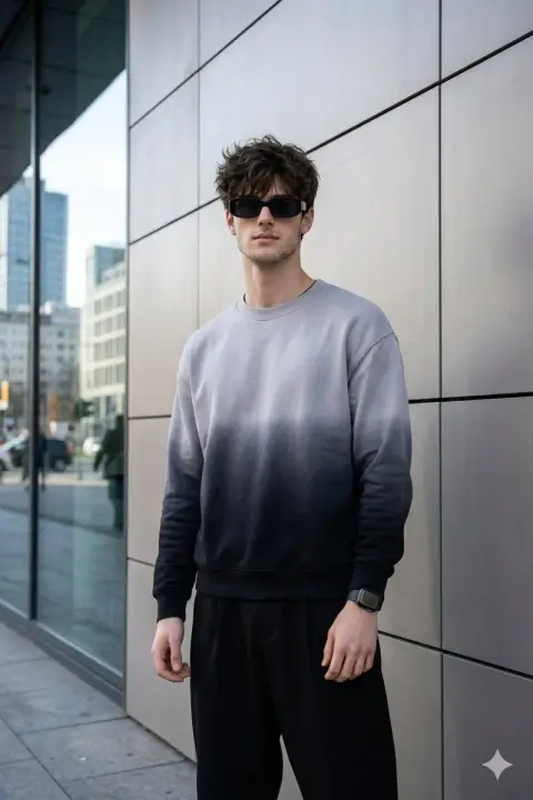 Textured fashionable male model in front of modern building