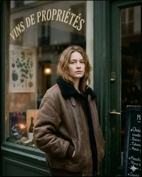 Textured portrait in retro leather clothing on the streets of Paris at twilight