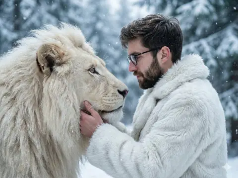 The affectionate gaze of the king and the white lion in the ice and snow forest