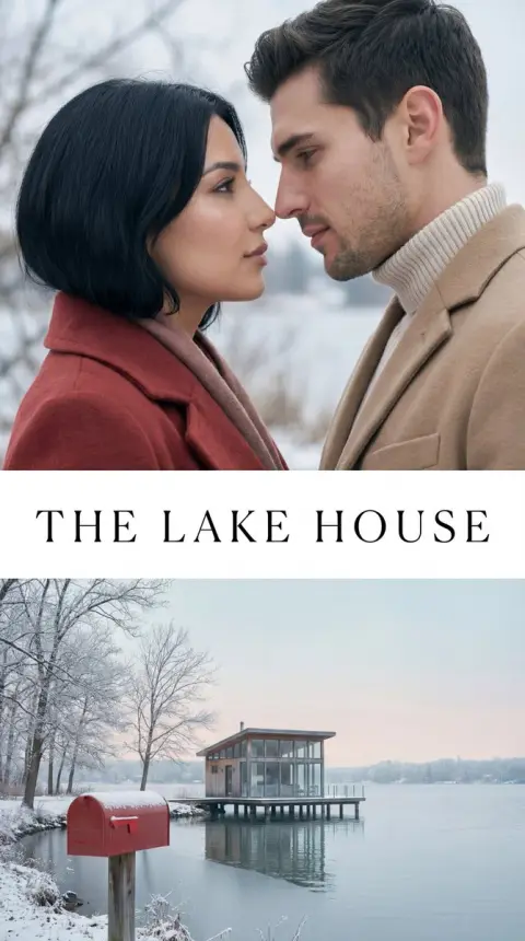 The affectionate gaze of lovers by the winter lake and the beautiful movie poster