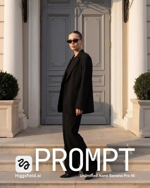 The all-black quiet luxury style on the classic stone steps looks back at fashion photography