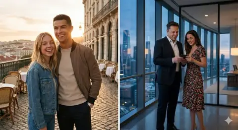 The ancient charm of the sunset and the celebrity couple under the neon lights of the city