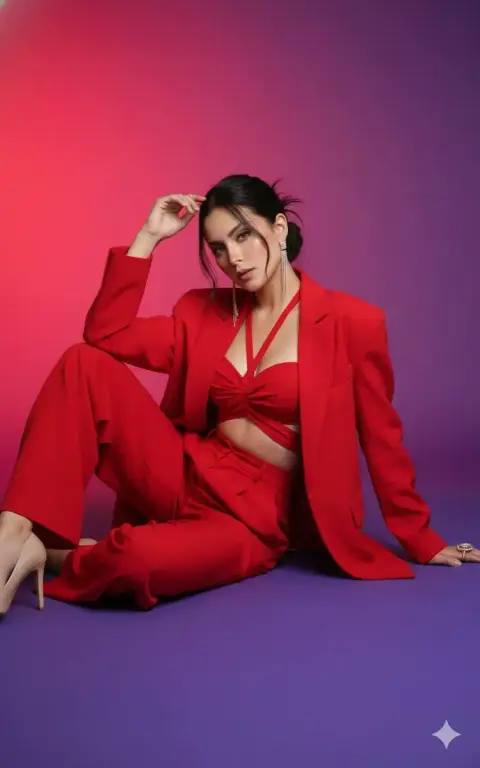 The aura of a royal lady in a flaming red suit