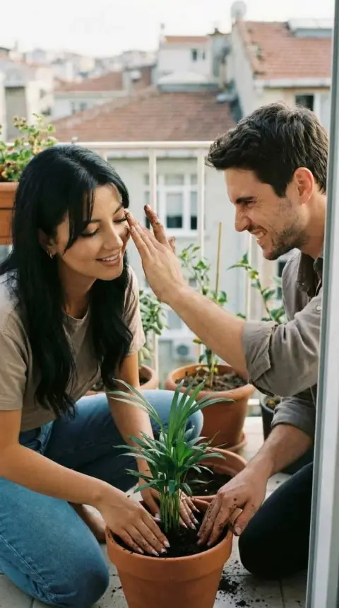 The balcony was planted with greenery, and he brushed the dirt on her cheek