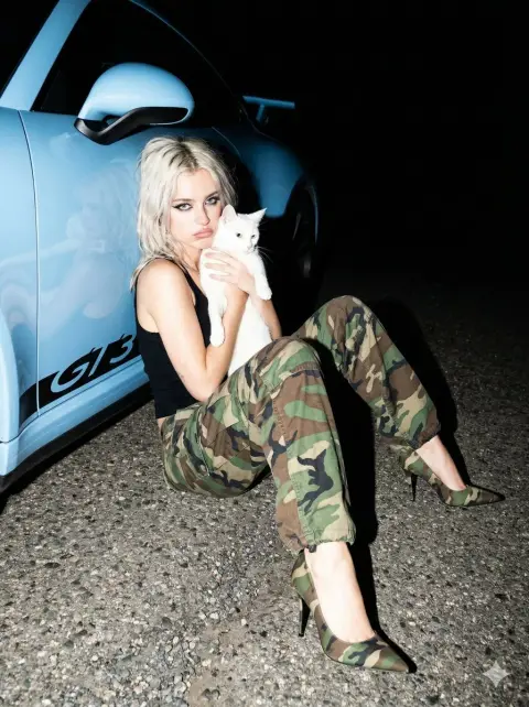 The bay blue Porsche and the cool hot girl under the direct flash lens