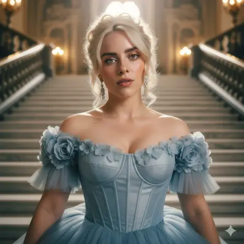 The beautiful lady in dreamy pink and blue costumes and the light and shadow of the palace