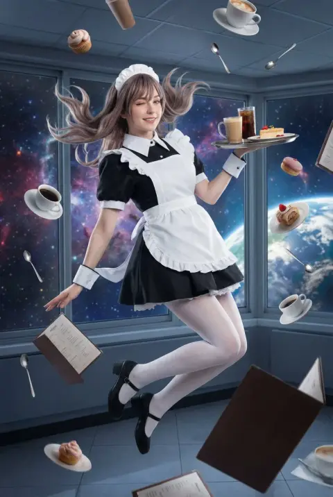 The beautiful maid floating in the air in a dream of weightlessness