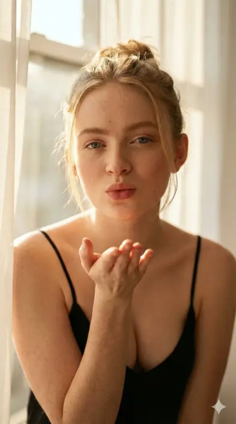 The beautiful moment of a fashionable girl bathing in the golden sunshine blowing a kiss