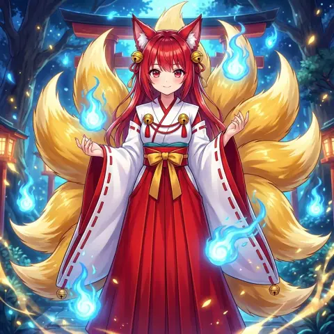 The beautiful nine-tailed fox fairy under the moonlight cherry blossoms