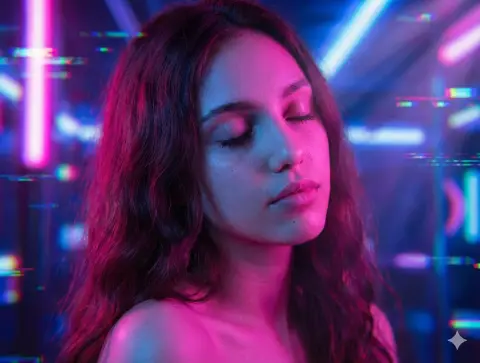 The beautiful red-haired beauty in cyber style under the psychedelic neon light