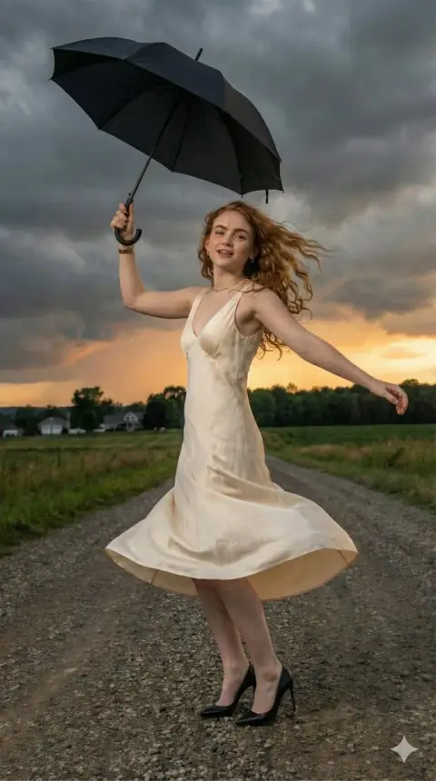 The beautiful shadow of an umbrella under a stormy sunset