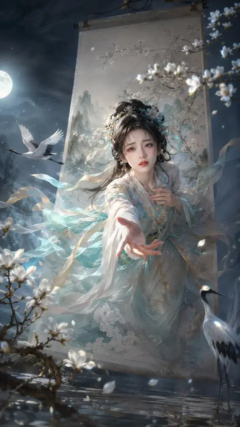The beauty in the painting breaks out of the scroll Oriental fantasy poster