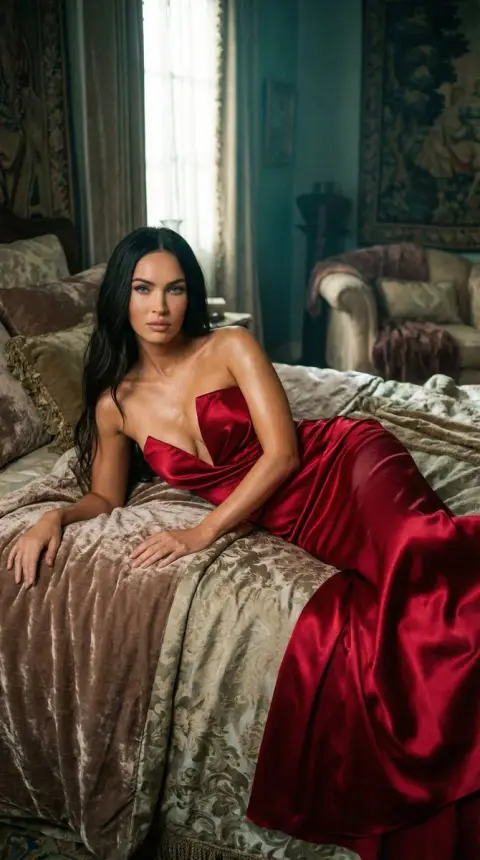 The beauty in a lazy red dress lying on her side on the bed looks like a luxurious movie