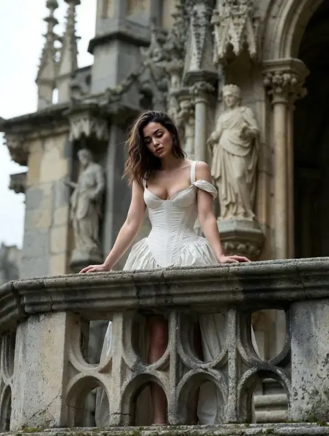 The beauty in white in a Gothic castle leans on the railing, a melancholy movie-like blockbuster