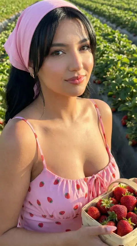 The beauty with high-end red lips in the strawberry field