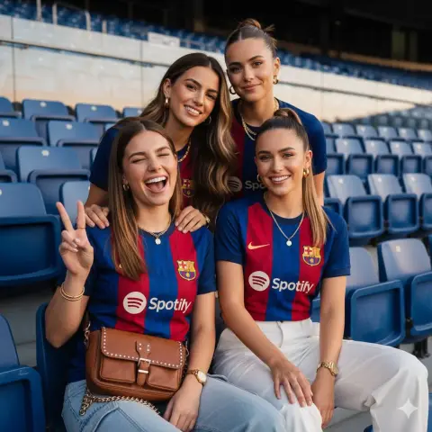 The best friends group wearing Barcelona jerseys in the stands of Sunshine Stadium