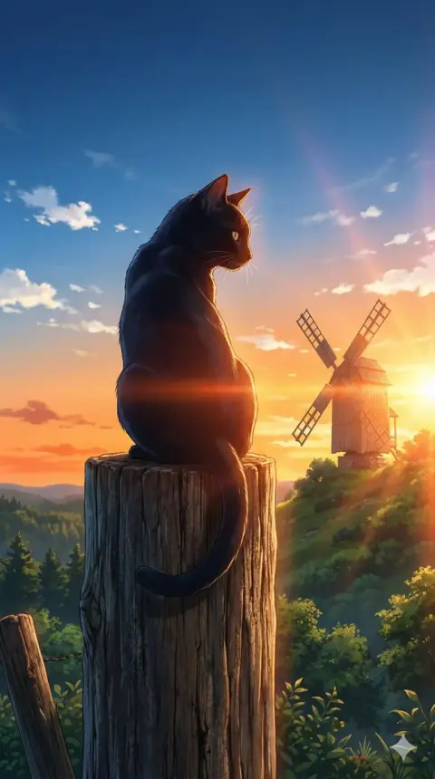The black cat looks back under the setting sun