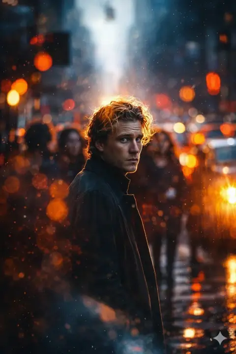 The blond boy looking back at the city on a rainy night