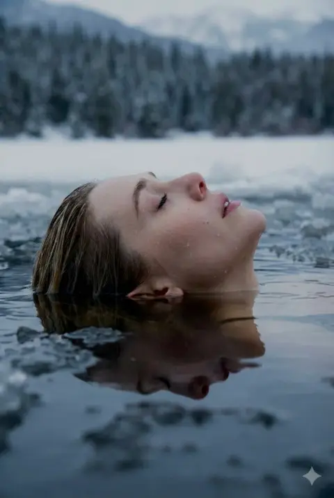 The blond girl floating in the ice lake and the extremely realistic light and shadow