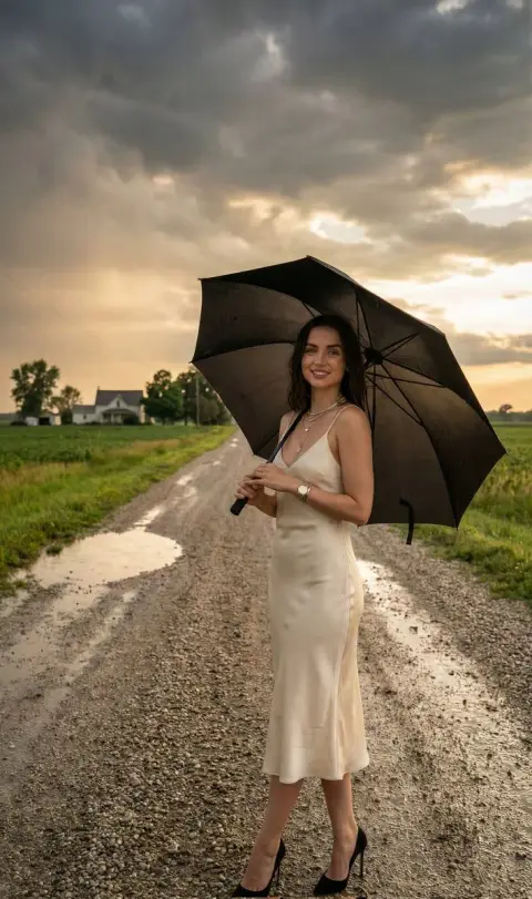 The blonde beauty on the muddy road in the dusk rain