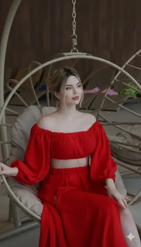The blonde goddess with red lips curls up on the rattan hanging chair in the ultimate light and shadow fashion