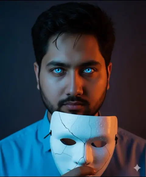 The boy in the cracked mask with water drops sliding down his face